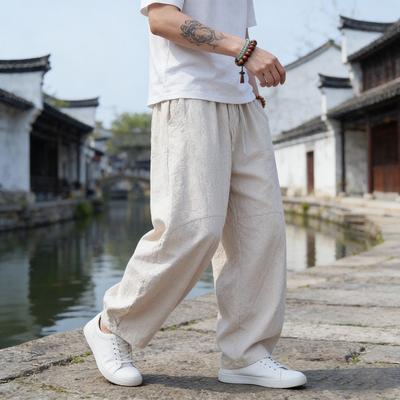 Herren Leinenmischung Laternenhose Kordelzug Elastischer Bund Lässige Lockere Weite Hosen für Herren