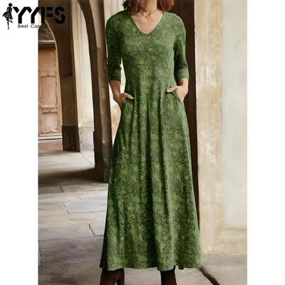Women's Fashion Spring Fall Flower Pattern Print Long Sleeve V-Neck Loose Waistline Casual Dresses