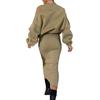 Yousheng 2 Pcs/Set Women Sweatshirt Dress Set Round Neck Long Bat Sleeve Loose Top Slim Fit Slit Hem Midi Dress Casual Commuting Outfit Thick Fall