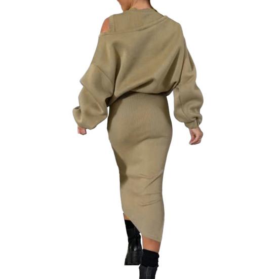 Yousheng 2 Pcs/Set Women Sweatshirt Dress Set Round Neck Long Bat Sleeve Loose Top Slim Fit Slit Hem Midi Dress Casual Commuting Outfit Thick Fall