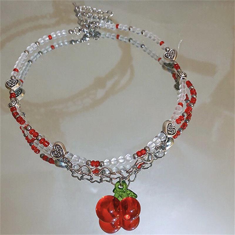 Y2K Red Cherry Heart Beaded Choker Women Boho Layered Bead Cherry Pendant Necklace Vintage  Jewelry