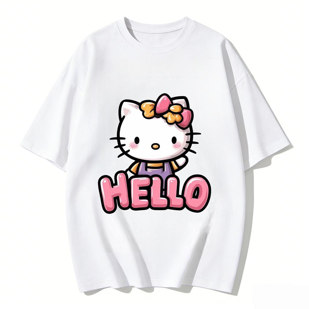 2026 Hello Kitty Cartoon Printed Short Sleeve Summer Cotton Tshirt Flower Womens Family Matching Outfits Tops Tee Highquality