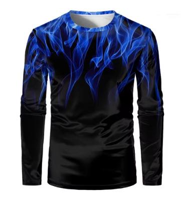 Fashion multi-color flame print men's long-sleeved T-shirt personality funny T-shirt retro street loose trend T-shirt