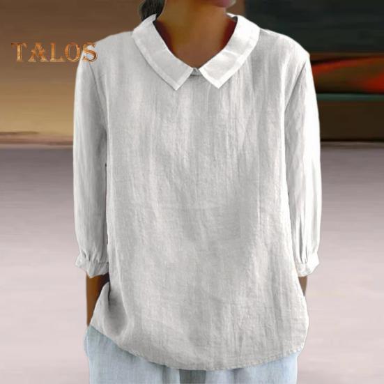 Women Shirt Doll Collar 3/4 Sleeve Pullover Tops Solid Color Loose Fit Thin Shirt Tops Casual Daily Wear
