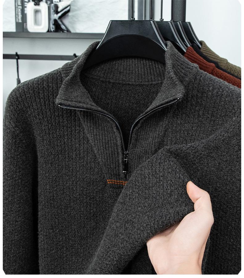 Men's Plus Size Trendy Half-Zip Wool Sweater: Autumn/Winter Fleece Pullover, Warm Casual Knit.