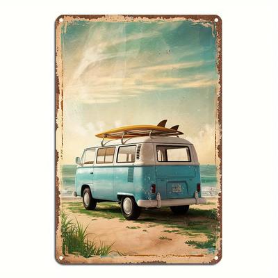 Vintage Surfboard Van Metal Wall Art - Coastal Beach Decor with Turquoise Van & Surfboards - Waterproof Retro Garage, for Man