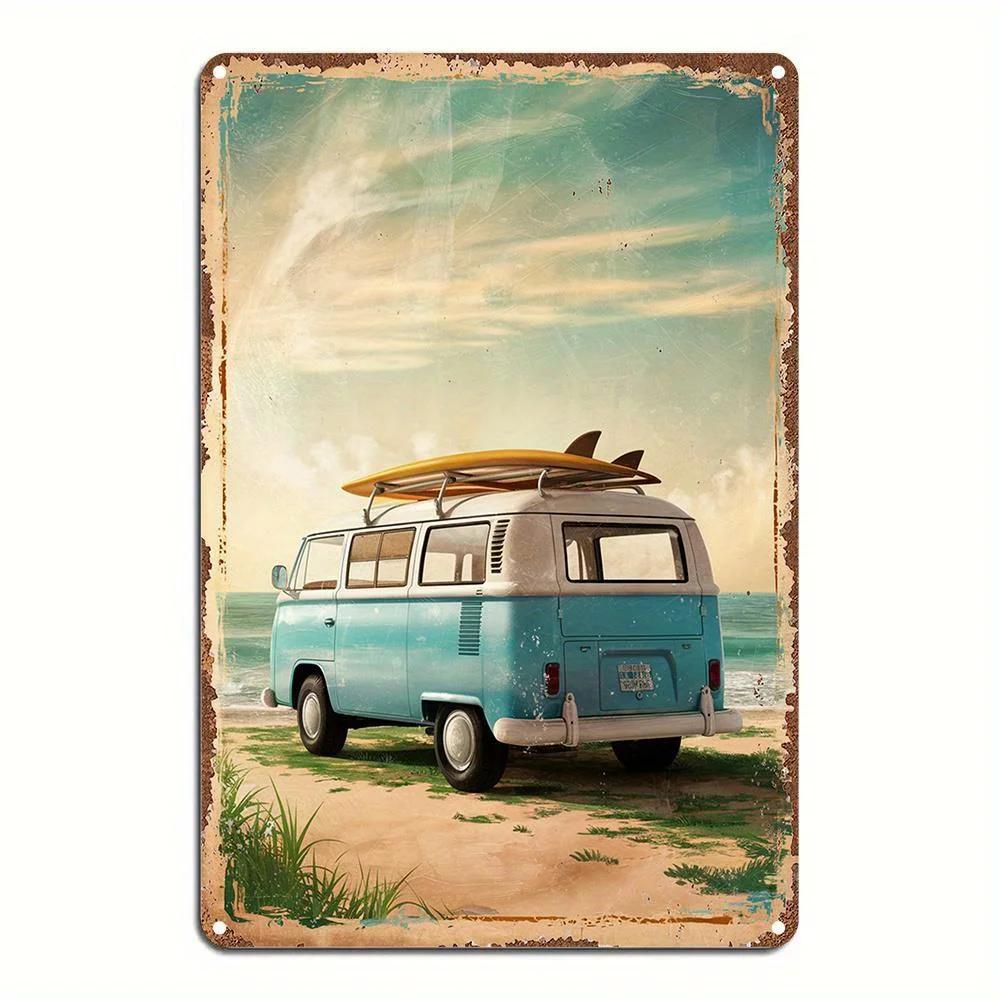 

Винтажный Металлический Настенный Декор Фургон для Серфинга - Прибрежный Пляжный Декор с Бирюзовым Фургоном и Серфбордами - Водонепроницаемый Ретро Гараж, для Мужчины 20x30cm