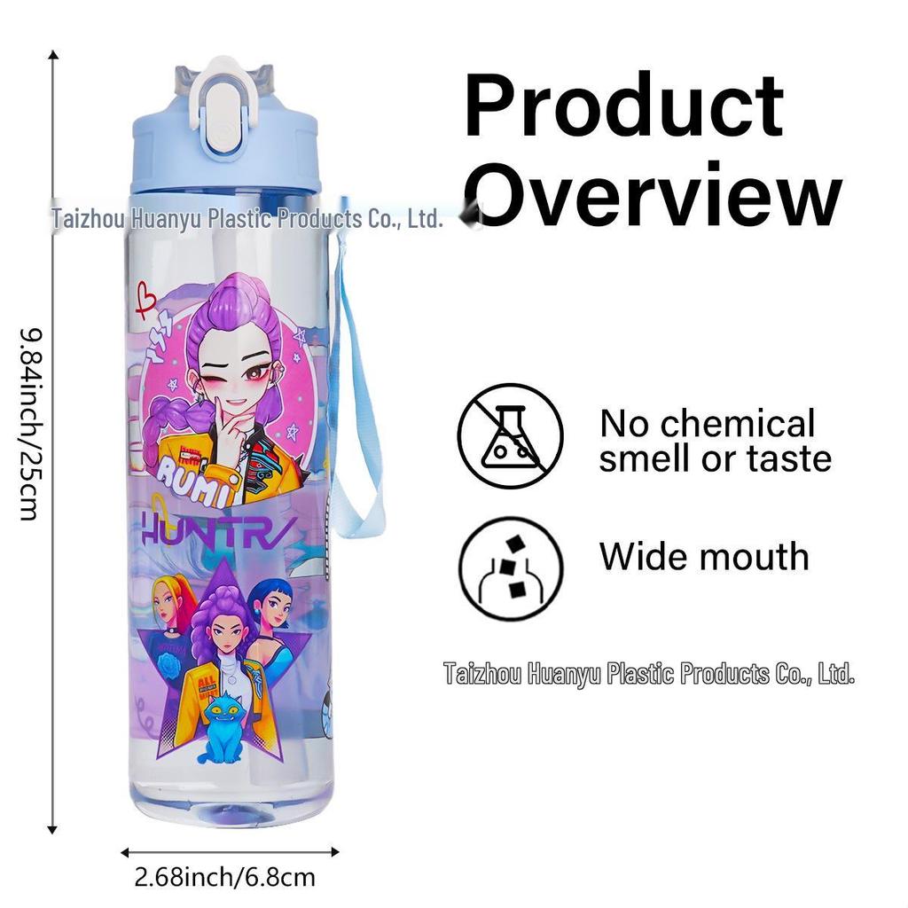 K-POP Demon Hunter Girl Cute Straw Water Bottle, Medium Size, Pop-up Sports Cup with Handle for Students.
