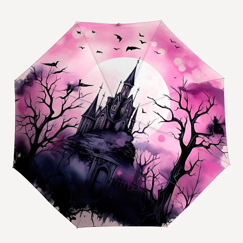 1pc Haunted Castle Automatic Folding Umbrella Compact Lightweight Travel Umbrella with 8-Rib Sturdy Frame, Windproof & Self034