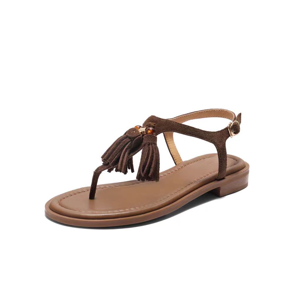 

Sheepskin version of the new holiday style fringed pendant deerskin pinched feet open-toed casual flat sandals women s summer wear 40 коричневый