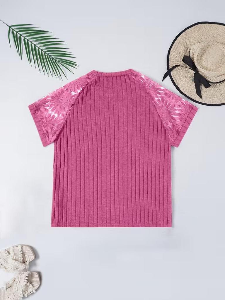 Frühling/Sommer 2026 Damen Übergröße V-Ausschnitt Spitzen-Patchwork Kurzarm-Top