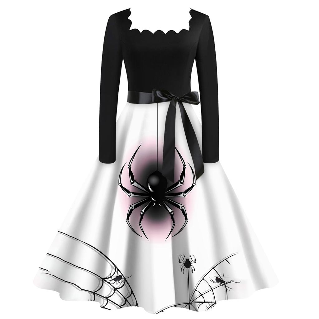 Halloween Damen Casual Fashion Square Neck Printed Vintage Kleid