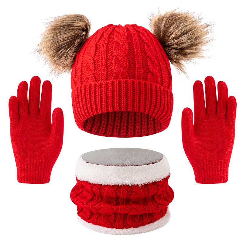 

3pcs/set Children s Hat Autumn Winter Baby Knitted Warm Hat Cute Double Pom-pom Outdoor Cold-proof Pullover Hat Suitable for 3-10years