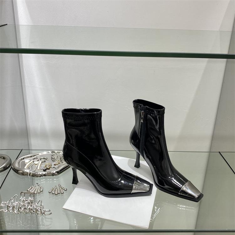 Autumn and Winter Fashion Side Zipper Boots European and American Style Metal Square Head Women's Boots Fine Heel High Heel Short Boots Women