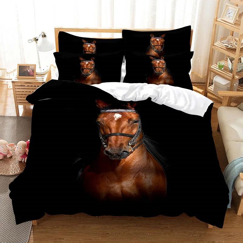 Horse Pattern 3D Digital Printing Three-piece Set, Polished Duvet Set, Animal Single Bedding