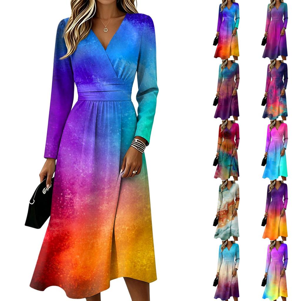 Women's Casual Print Long Sleeve V-Neck Dress with Pocket