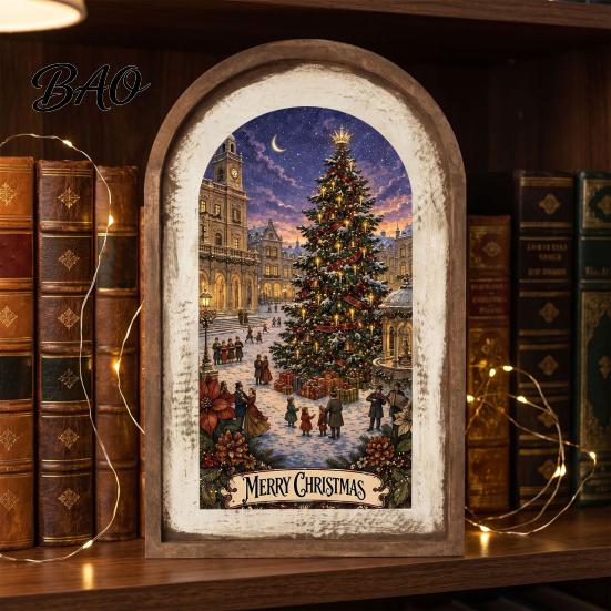 Hanging Xmas Ornaments Rustic Christmas Wooden Decoration, Vintage Arched Window Frame Wall Decor Decor, Winter Holiday Party Table Sign