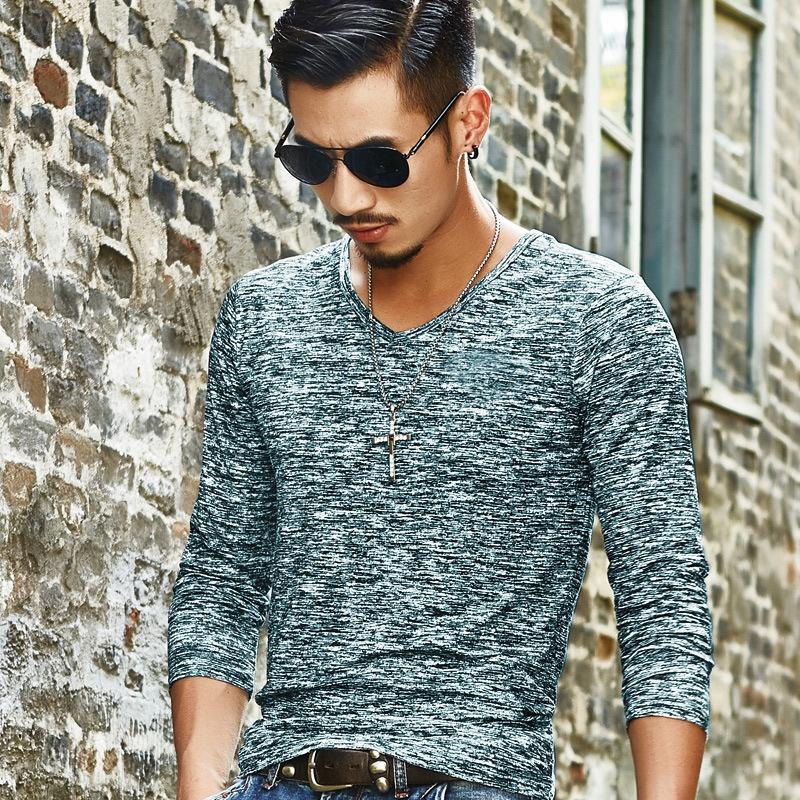 Pánské ležérní topy Slim Fit s dlouhým rukávem Jednobarevné Výstřih do V Bavlněná trička Halenka121
