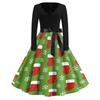 Women's Casual V-Neck Christmas Dress with Snowflake and Tree Print, Retro Vintage Party Dress