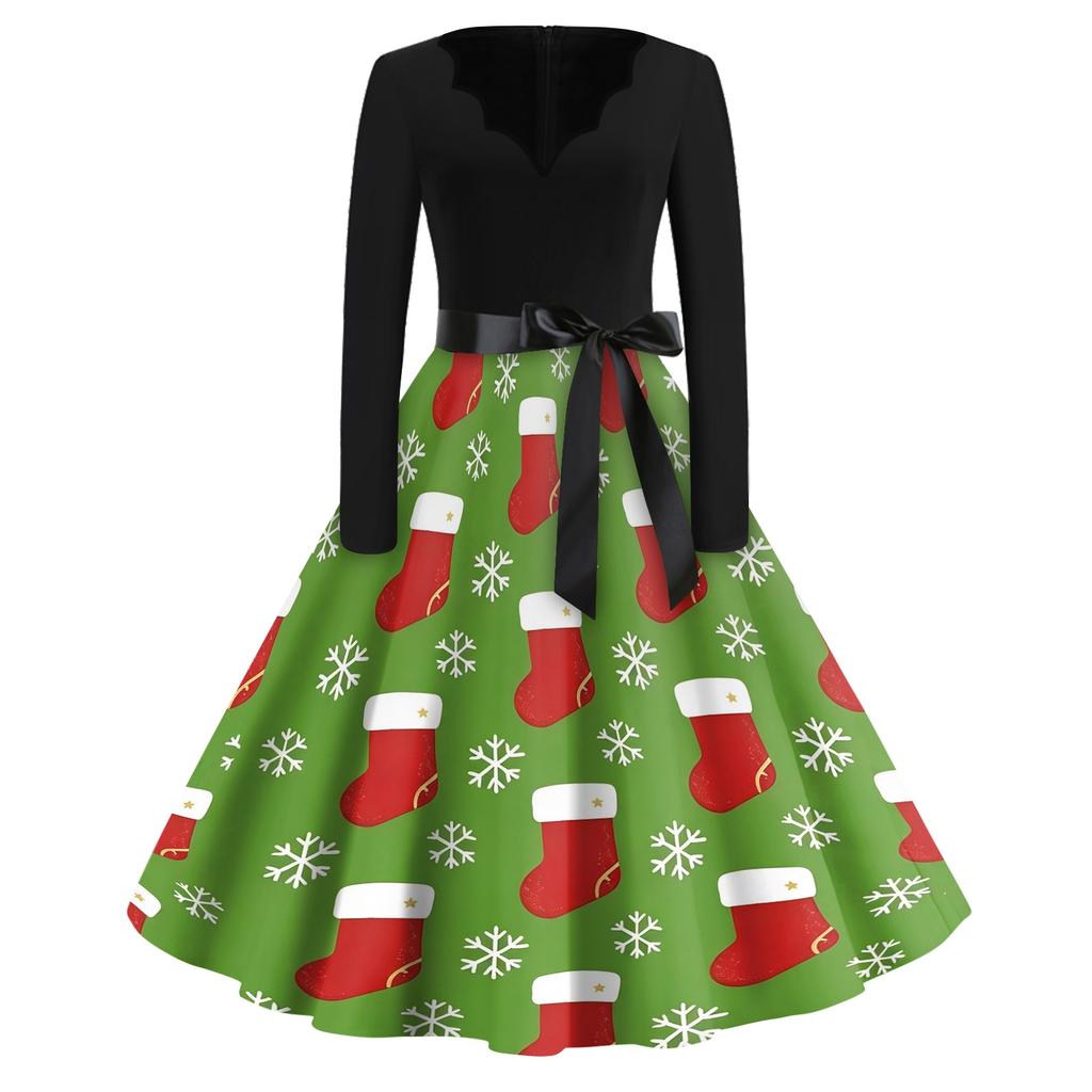 Women's Casual V-Neck Christmas Dress with Snowflake and Tree Print, Retro Vintage Party Dress