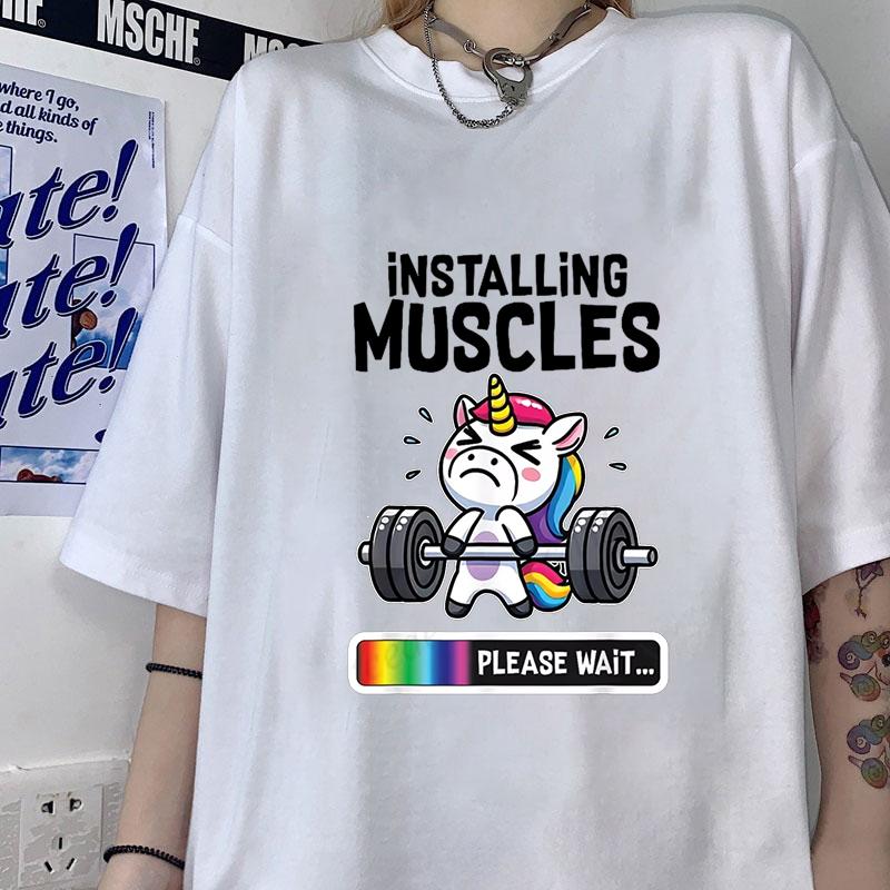 Installing Muscles Men's Women's T-Shirt Funny Gym Unicorn Fitness Workout Loose Unisex Shirt