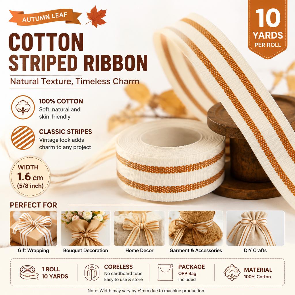 Cotton Striped Ribbon for DIY, Floral and Gift Wrapping