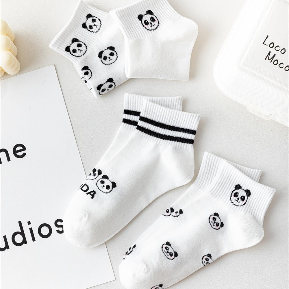 Girls Cute Panda Face Funny Short Ankle Socks White Casual Summer Spring Two Stripes Soft Cotton Women Sokken Sport Gift