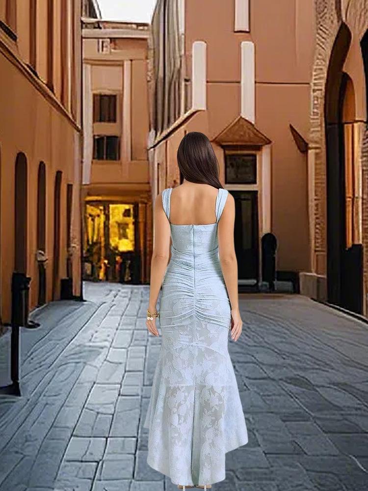 European & American Hot Girl Print One-Shoulder Maxi Dress with Spaghetti Straps, Open Back & Fishtail Skirt - 2025 Sexy Edition