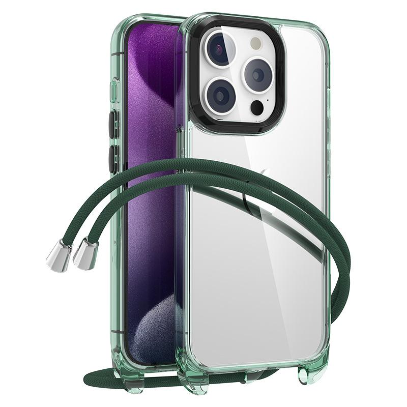 

For iPhone 16 Pro Case Clear PC+TPU Hybrid Phone Cover with Lanyard Green