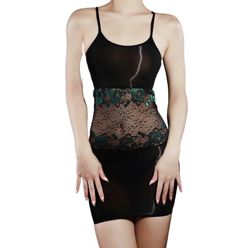 Oil Glossy Shiny Sheer Sling Dress Sexy Women Lace Waist Suspender Bodycon Micro Mini Dress See Through Lingerie Bodystocking