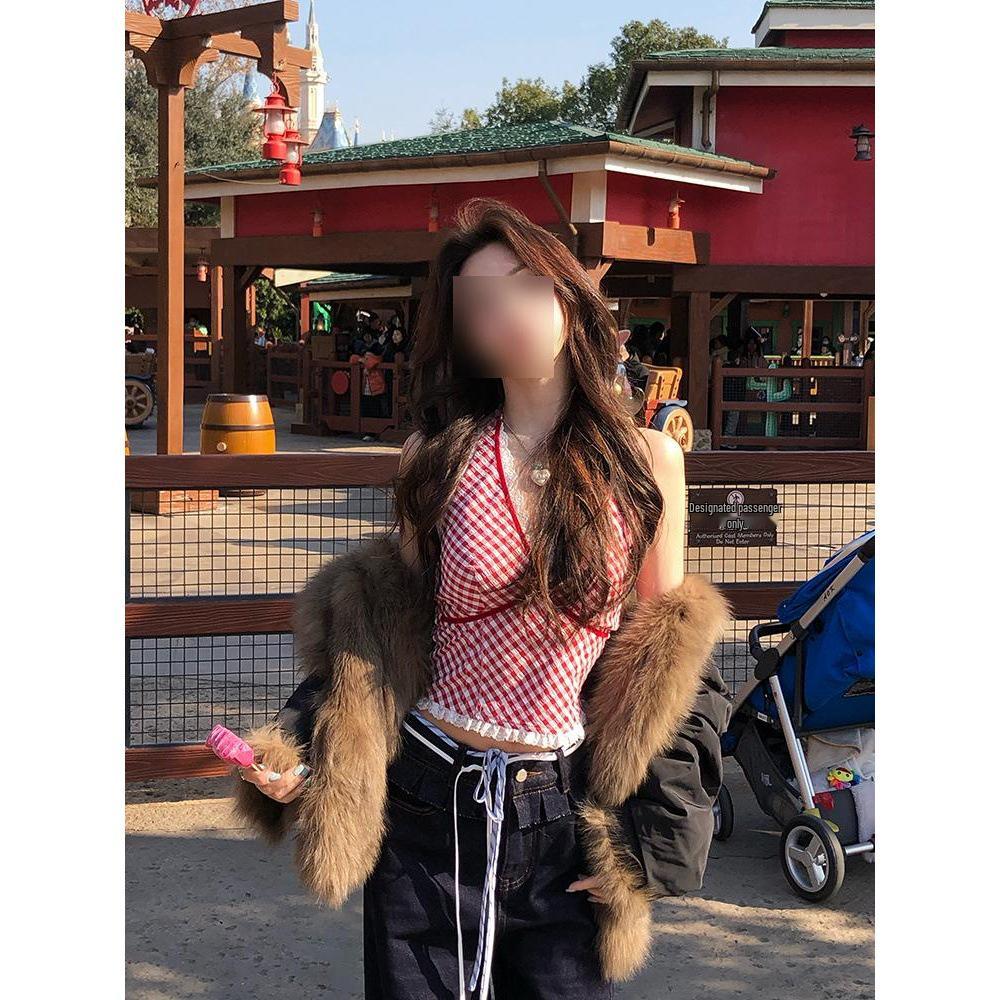 

Женский сексуальный красный клетчатый топ-халтер с кружевной вставкой M (45-50 kg)