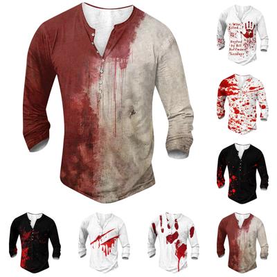 Men'S Printed T-Shirt Outdoor Retro Button Loose Long Sleeve Top