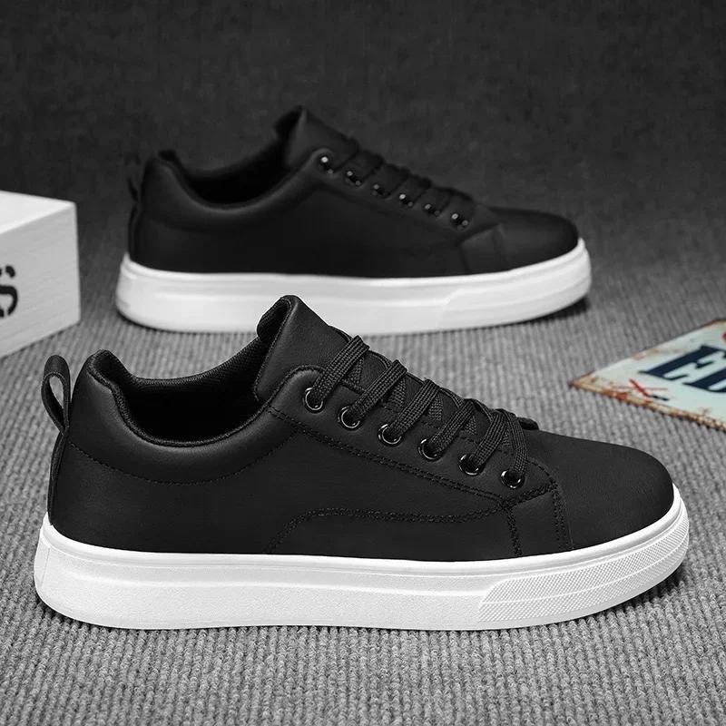 High Quality Men's Sneakers Light PU Leather Casual Shoes for Men Lace Up Flats Luxury White Black Tenis Shoes
