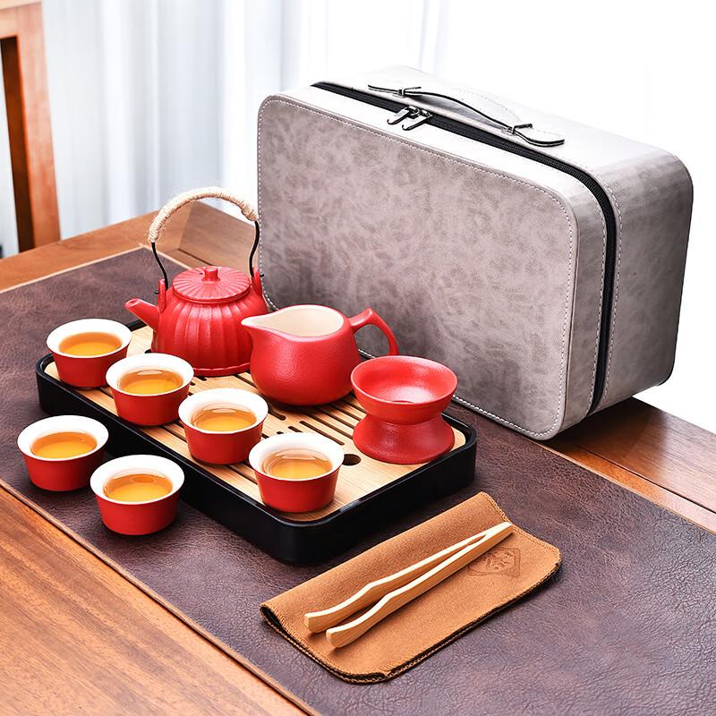 Black Pottery Travel Tea Set with Side Handle Pot With Bamboo Tray (Grey Gift Box)