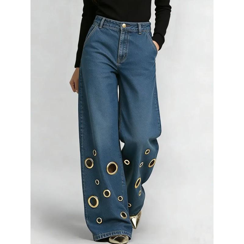Womens High-Waisted Wide-Leg Denim Pants With