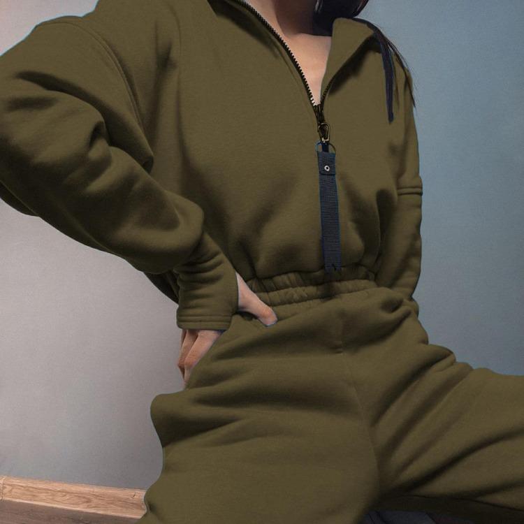 Women Solid Color Loose Long Sleeve Hooded Jumpsuit V Neck Wide Leg Pants Suit Autumn Winter Casual Outfit