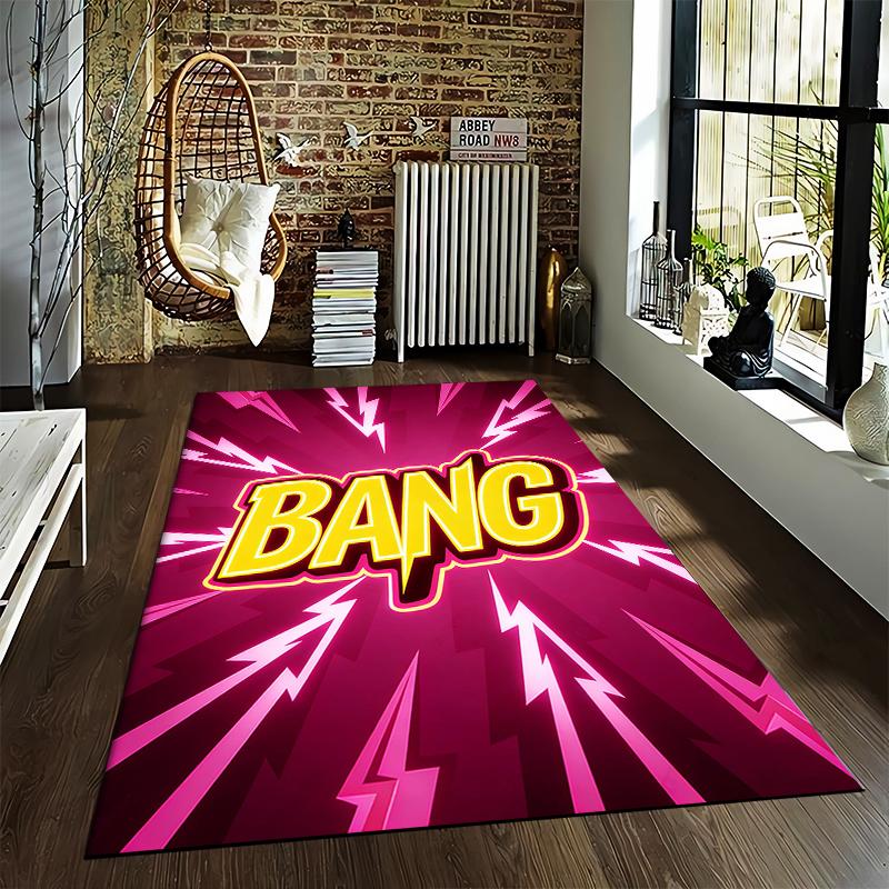 Comic Style Carpet with "BANG" Text and Pink Lightning Design Suitable for use as an anti-slip for living room bedroom sofas