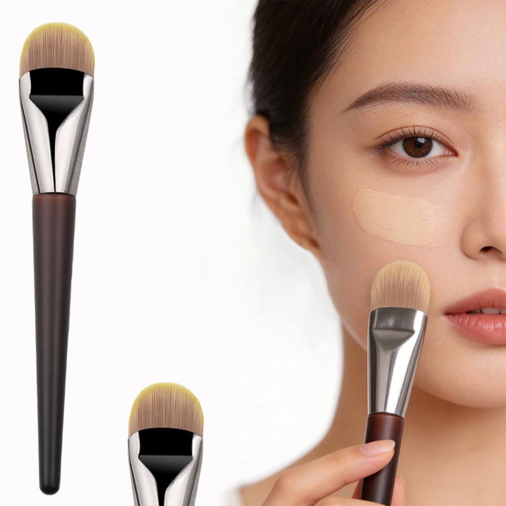 Wood-Handle Foundation Brush With Wide Flat Tongue-Shaped Head For Smooth Makeup Application