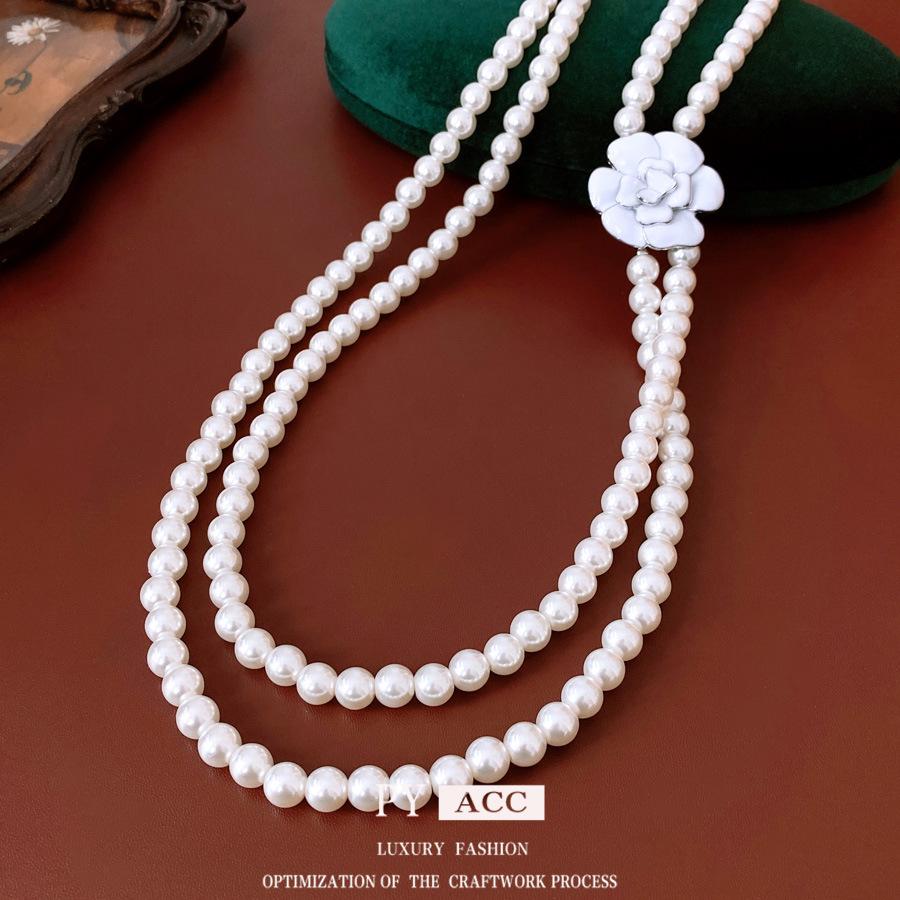 Podwójny Kwiatowy Wisiorek z Szklanych Pereł Naszyjnik Styl Dworu Średniowiecznego Delikatny Łańcuszek do Swetra Casualowy Naszyjnik