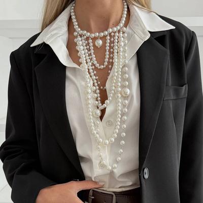 Salircon Elegant Vintage Multilayer Imitation Pearl Long Necklace Women Exquisite Sweater Chain Pendant Choker Banquet Jewelry