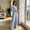 Women Loose Fitting Rompers V Neck Long Sleeves Jumpsuit, Collared One Piece Romper with Wide Leg Pants Belt, Solid Color Dressy Casual Fall Outfits