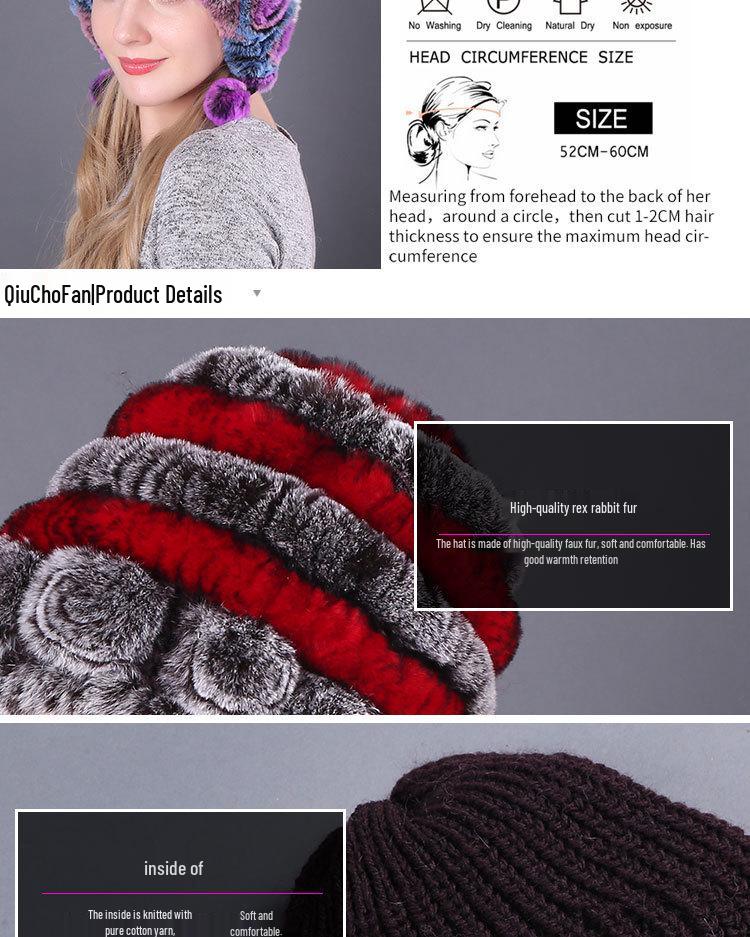 Women's Warm Rex Rabbit Fur Hat with Ear Protection and Pom-Poms