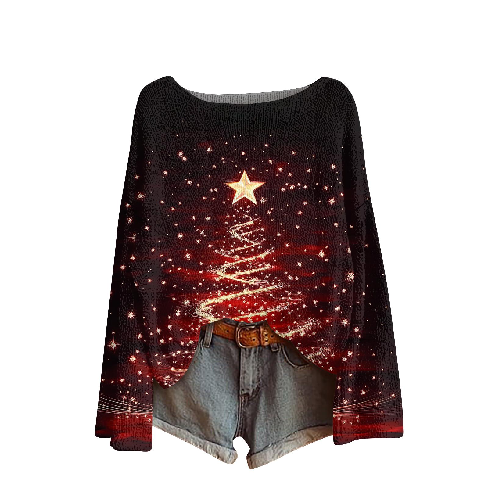 

Женский модный повседневный трикотажный свитер с длинным рукавом и рождественским принтом, круглый вырез M винный