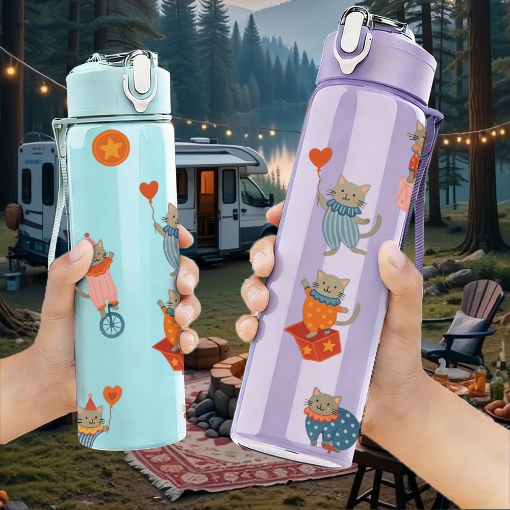 1PC Cartoon Character Set Print 750ml Color Plastic Sports Water Bottle Leakproof Flip Straw Lid Suitable for Sports Office Home Use