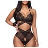 Sexy Women Cross Lace  Wireless Bra Sexy Black Lingerie Thong Set Underwear