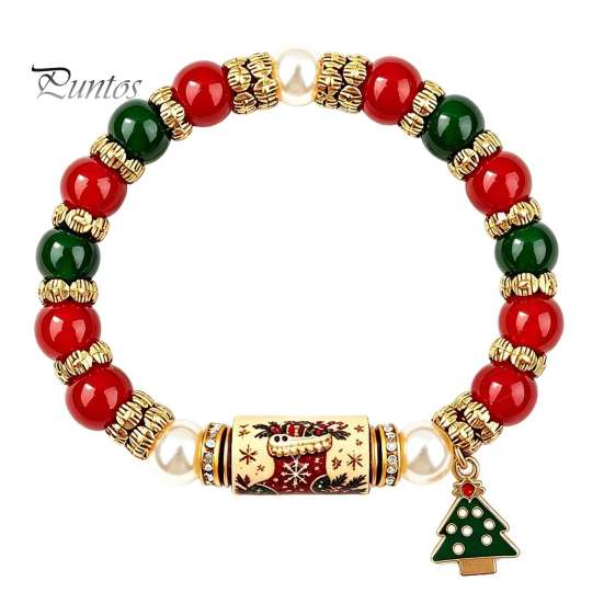Festive Holiday Charm Bracelet Christmas Bracelet, Elastic Stretch Beaded with Xmas Jewelry Collection Tree Charm, Gifts for Women Men Santa Claus