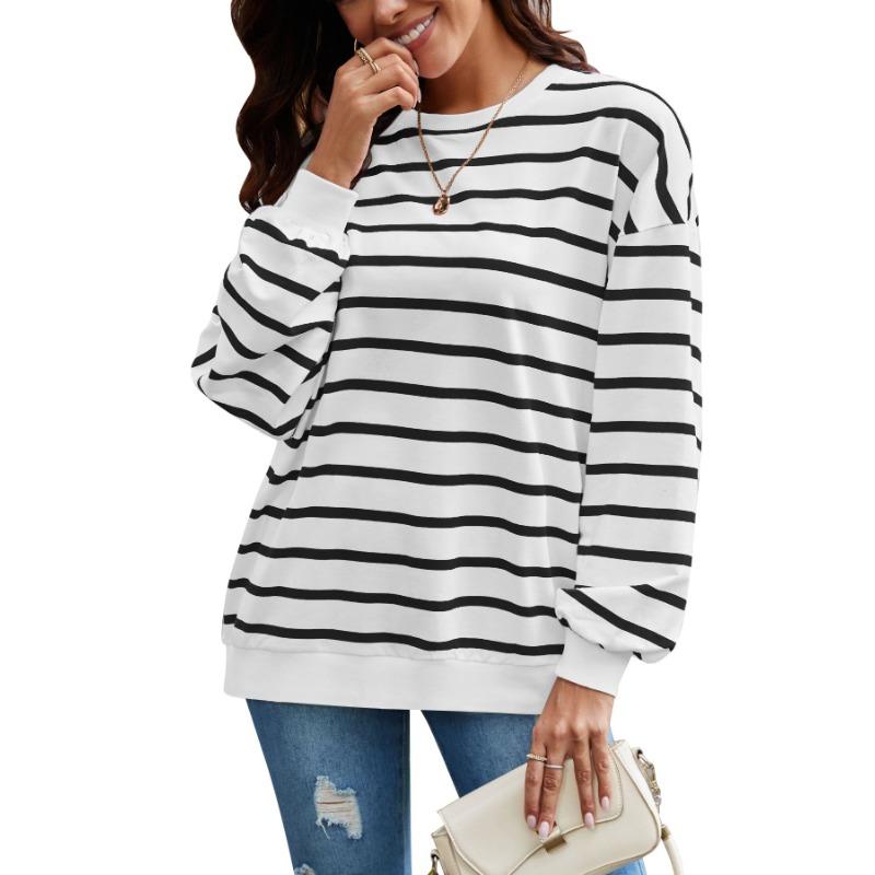 

Женская осенняя свободная повседневная толстовка с длинным рукавом в полоску большого размера XL белый