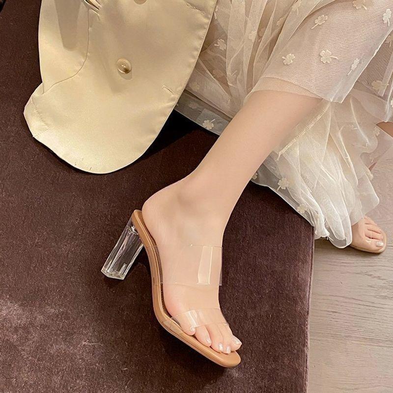 This Year's New Cool Slippers Women's Wear 2025 Summer Internet Celebrity Super Fire Transparent Crystal and Thick Heel High Heel One-word