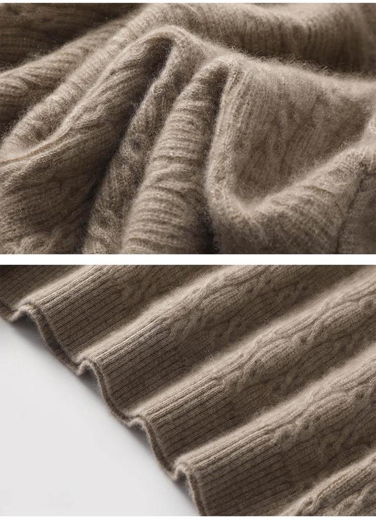 Women's Cashmere Cable Knit Sweater - Half-High Collar, Loose Fit, Autumn/Winter.