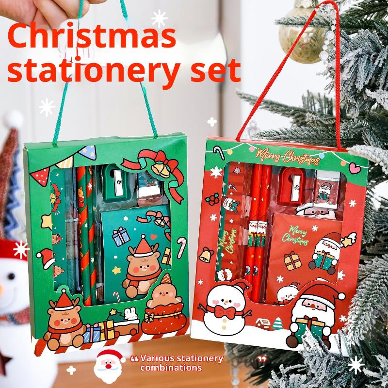 6 Stück/Set Cartoon Weihnachten Bleistiftspitzer Radiergummis Bleistifte Lineale Kawaii Kinder Schreibset Schulschreibwarenzubehör
